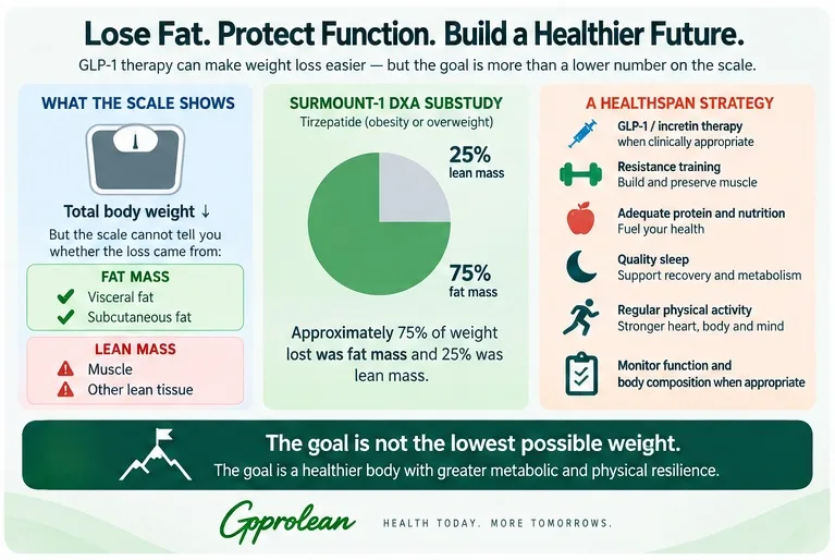 Infographic explaining that GLP-1-related weight loss can include both fat and lean mass and emphasizing resistance training, nutrition and muscle preservation.