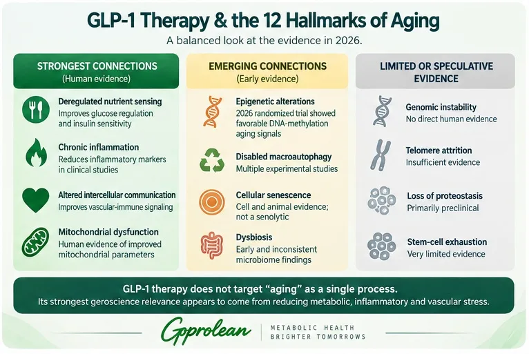 Evidence map showing strong, emerging and limited evidence connecting GLP-1 receptor agonists with each of the twelve hallmarks of aging.