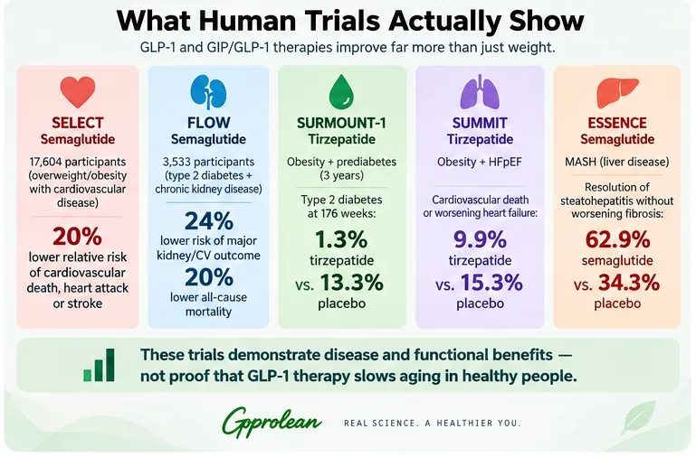 Summary of major randomized semaglutide and tirzepatide trials showing cardiovascular, kidney, diabetes-prevention, heart-failure and liver outcomes.